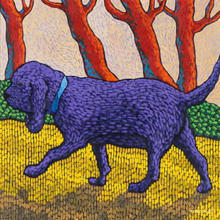 Tom Rierden 'Hound with Red Trees': Tom Rierden (American, b. 1960) 'Hound with Red Trees' 1993 Tempera on board ; 23.5 x 23.75 (in) Signed and dated Rierden 93, lower right