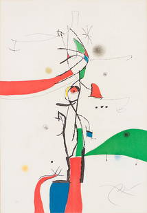 Joan Miró 'Demi Mondaine À Sa Fetêtre': Joan Miró (Spanish, French, 1893-1983) 'Demi Mondaine A Sa Fenêtre (D. 742)' 1975 Etching and Aquatint in colors on wove paper 44 of 50; 36.25 x 25 (in) Signed in pencil Miró, lower right Printed