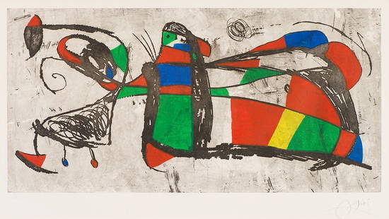 Joan Miró 'Tres Joan': Joan Miró (Spanish, French, 1893-1983) 'Tres Joan (D. 1034)' 1978 Etching and Aquatint in colors on Wove Paper HC set aside from an edition of 99; 25 x 44 (in) Signed in pencil Miró, lower right