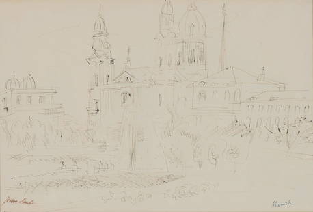 Jean Dufy 'Munich': Jean Dufy (French, 1888-1964) 'Munich' c. 1927 Pen and ink on paper ; 10.5 x 15.5 (in) Stamped Jean Dufy, lower left