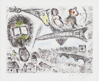 Marc Chagall 'Le Village et Paris': Marc Chagall (French, Russian, 1887-1985) 'Le Village et Paris (C. 130; see C. books 112)' 1981 Etching, aquatint in colors ed 34 of 50; 11.5 x 14 (in) Signed in pencil Marc Chagall, lower right