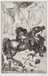 Salvador Dalí 'St. George and the Dragon': Salvador Dalí­ (French, Spanish, 1904-1989) 'St. George and the Dragon (Field 47-1)' 1947 Etching on J. Whatman wove paper Edition of 250 plus 10 proofs; 17.5 x 11.125 (in) Signed and dated in