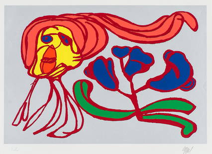 Karel Appel 'Silver Floating Flower Passion': Karel Appel (Dutch, 1921-2006) 'Silver Floating Flower Passion' 1978 Silkscreen on foil Épreuves d'Artiste from an edition of 125; 30 x 41 (in) Signed in pencil Appel, lower right Printed at