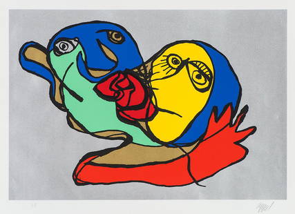 Karel Appel 'Silvered Kiss': Karel Appel (Dutch, 1921-2006) 'Silvered Kiss' 1978 Silkscreen on foil Épreuves d'Artiste from an edition of 125; 30 x 41 (in) Signed in pencil Appel, lower right Printed at Editions Press San
