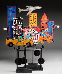 Fredrick Prescott 'Wall Street Boogie': Fredrick Prescott (American, b. 1949) 'Wall Street Boogie' 1987 Acrylic on steel kinetic sculpture ; 41 x 36 x 21 (in) Signed and dated Prescott 87, base