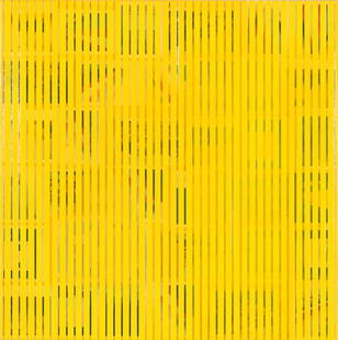 Markus Linnenbrink 'Striated Yellow': Markus Linnenbrink (German, b. 1961) 'Striated Yellow' 2000 Epoxy resin and color pigments on wood with collage ; 25.5 x 25.5 x 3 (in) Signed and dated Markus Linnenbrink 2000, verso Titled in English