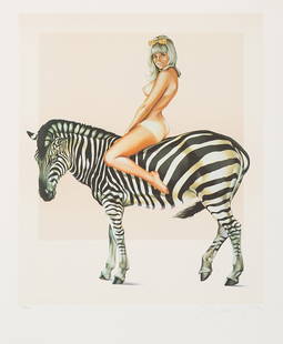 Mel Ramos 'Girl on Zebra': Mel Ramos (American, b. 1935) 'Girl on Zebra' 1981Lithograph in colors on wove paper ed 150 of 250; 25.25 x 20.5 (in)Signed in pencil Ramos, lower rightPublished by Atelier Dumas Inc., New York, New Y