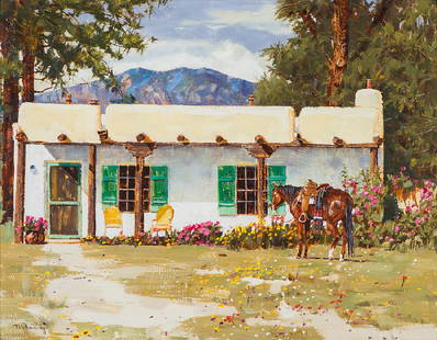 Michael Ewing 'Visiting at the House': Michael Ewing (American, b. 1951) 'Visiting at the House'; Oil on Board; 14 x 18 (in); Signed M. Ewing, lower left. "'Visitador en la Casa' (Visiting at the House) #510-2A," verso.