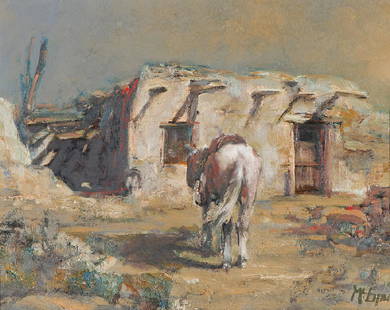 Buck McCain 'Horse and Old Adobe': Buck McCain (American, b. 1943) 'Horse and Old Adobe' 1978; Oil on Linen; 11 x 14 (in); Signed McCain, lower right. Signed and dated, verso. Altermann Galleries tag, verso.