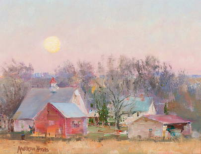 Andrew Peters Harvest Moonrise: Andrew Peters (American, b. 1954) 'Harvest Moonrise' Oil on board Signed Andrew Peters, lower left Andrew Peters' business card, verso