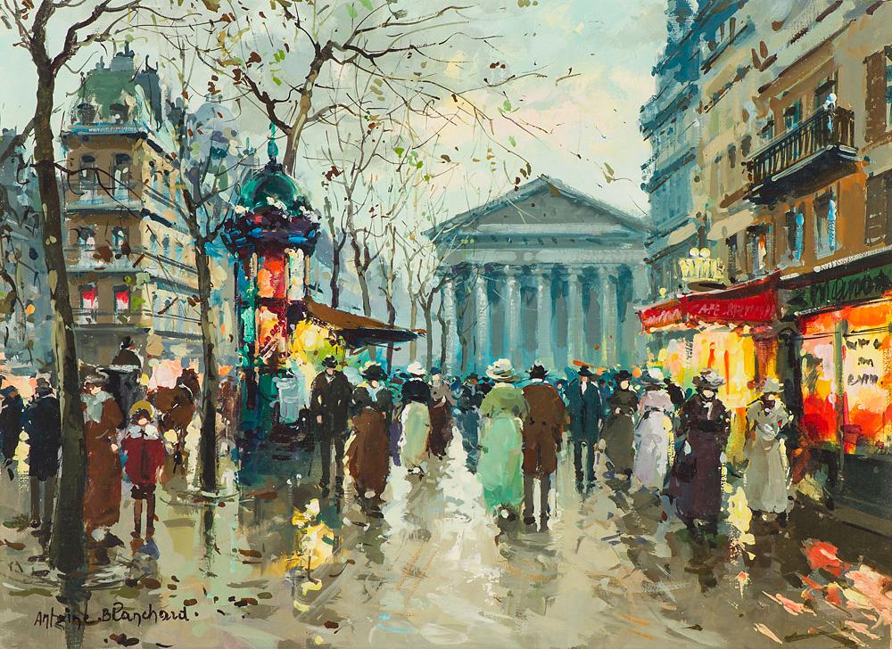 Antoine Blanchard La Madeleine from Rue Tronchet: Antoine Blanchard (French, 1910-1988) 'La Madeleine from Rue Tronchet' Oil on canvas Signed Antoine Blanchard, lower left Van Pelt Art Galleries, Beverly Hills and Chicago tag, verso