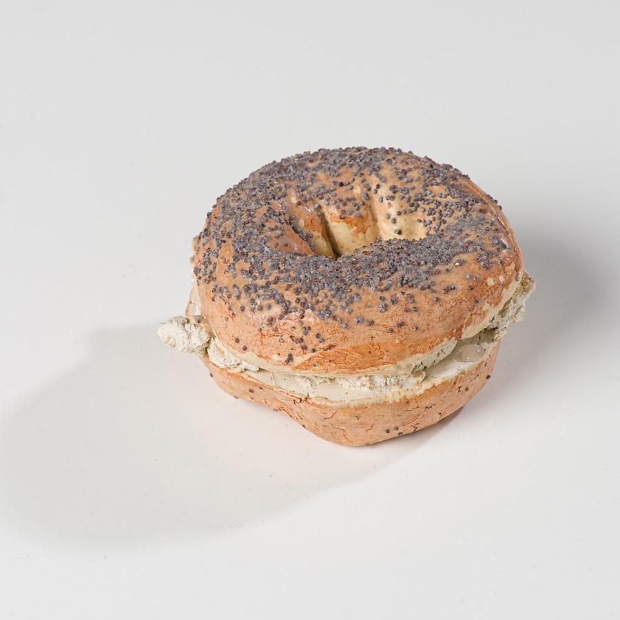 David Gilhooly Bagel with Cream Cheese: David Gilhooly (American, 1943-2013) 'Bagel with Cream Cheese', 1980'; Ceramic; Etched Gilhooly 80, base; Collection of Bill and Loraine Hawkins