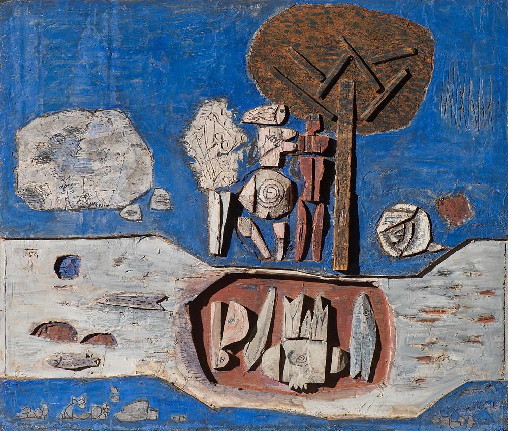 Julio Alpuy Paisaje del Rio: Julio Alpuy (Uruguayan, 1919-2009) 'Paisaje del Rio', 1968 Painted and incised wood Dated and signed 1968 J Alpuy, lower left Provenance: G. Foster collection, New York. Peter Fosburgh collection, New