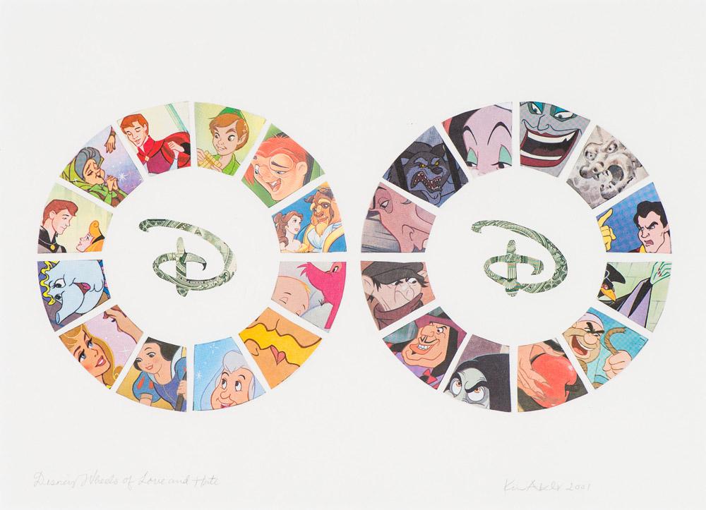 Kim Abeles Disney Wheels of Love and Hate: Kim Abeles (American, b. 1952) 'Disney Wheels of Love and Hate' 2001 Paper collage and money on paper Signed and dated in pencil Kim Abeles 2001, lower right Titled in pencil, lower left.