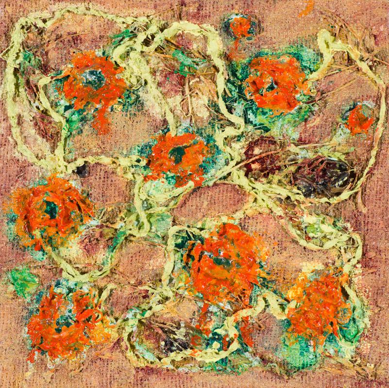 Joan Snyder Vines: Joan Snyder (American, b. 1940) 'Vines' 2008 Acrylic, paper mache, fabric and herbs on burlap mounted on board Signed in pencil Joan Snyder, back Dated in pencil, verso. Elena Zang Gallery tag, verso.