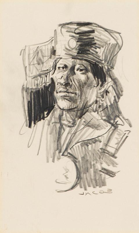 Ned Jacob Bust of Man with Hat: Ned Jacob (American, b. 1938) 'Bust of Man with Hat' Charcoal and pencil on paper Signed in pencil Jacob, lower right