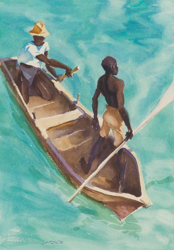 Ned Jacob Two Boys in a Boat: Ned Jacob (American, b. 1938) 'Two Boys in a Boat' Watercolor Signed Jacob, lower left
