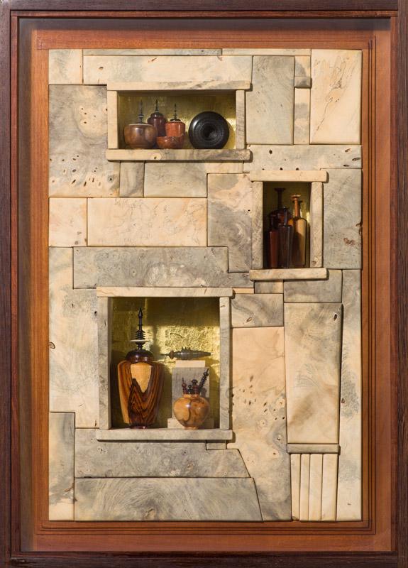 Stephen Mark Paulsen Three Chamber Complex from the...: Stephen Mark Paulsen (American, 1947-2018) 'Three Chamber Complex from the Expedition of '88 to '89' 1988-9 Wood, ebony, and gold Engraved S.M. Paulsen 1988, lower right Elaine Horwitch Galleries tag,