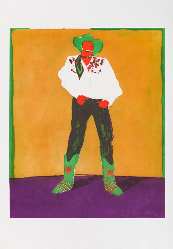 Fritz Scholder Hollywood Cowboy in Roma: Fritz Scholder (American, 1937-2005) 'Hollywood Cowboy in Roma' 1978 Etching with aquatint on Magnani paper ed. 79 of 90 Signed in pencil Scholder, lower left Printed and published by 2RC Editrice, It