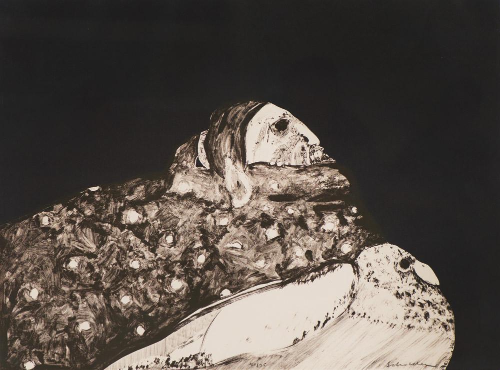 Fritz Scholder Indian and the Pigeon (III) (T: 70-188): Fritz Scholder (American, 1937-2005) 'Indian and the Pigeon (III) (T: 70-188)' 1970 Lithograph on buff Arches Cover ed. 40 of 75 Signed in pencil Scholder, lower right Part of the "Indians Forever" su