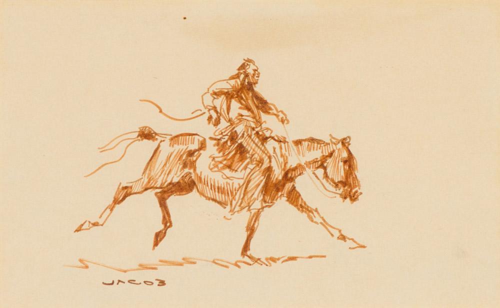 Ned Jacob Native American Man Riding East: Ned Jacob (American, b. 1938) 'Native American Man Riding East' Ink on paper Signed Jacob, lower left