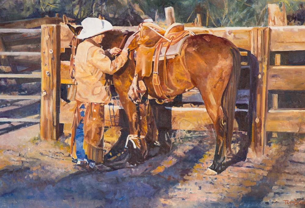 Tom Dorr A.M. Cinchin' Up: Tom Dorr (American, b. 1950) 'A.M. Cinchin' Up' Oil on canvas Signed Tom Dorr, lower right El Presidio Gallery, Inc. tag, verso. Titled and signed, verso of frame.