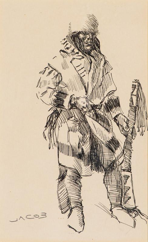 Ned Jacob Native American Man (full length): Ned Jacob (American, b. 1938) 'Native American Man (full length)' Ink on paper Signed Jacob, lower left
