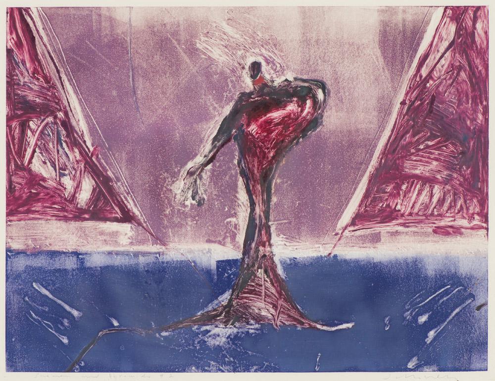 Fritz Scholder Shaman and Pyramids #2: Fritz Scholder (American, 1937-2005) 'Shaman and Pyramids #2' Monoprint Signed in pencil Scholder, lower right Titled in pencil, lower left. Printer's blind stamp, lower middle.