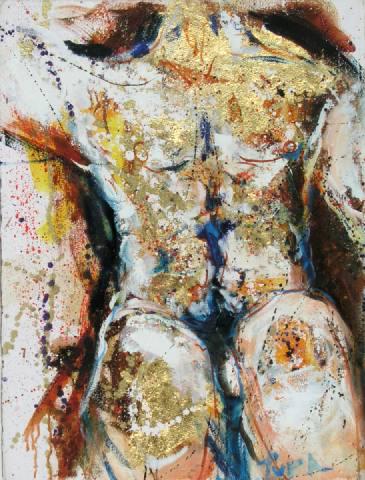 Jerome Tupa Male Torso #2: Jerome Tupa (French, 1941) Male Torso #2 Oil on paper with gold leaf Signed Tupa, lower right