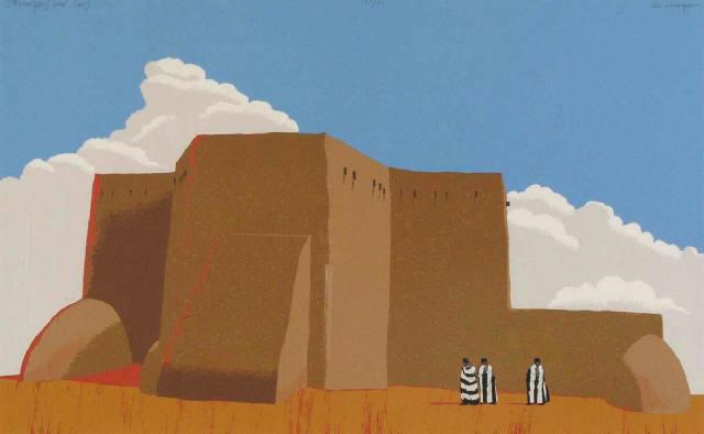 Louis De Mayo Strangers in Taos: Louis De Mayo (American, 1926) Strangers in Taos Serigraph ed. 57 of 90 Signed in pencil De Mayo, upper right Printed and published by Tamarind Institute
