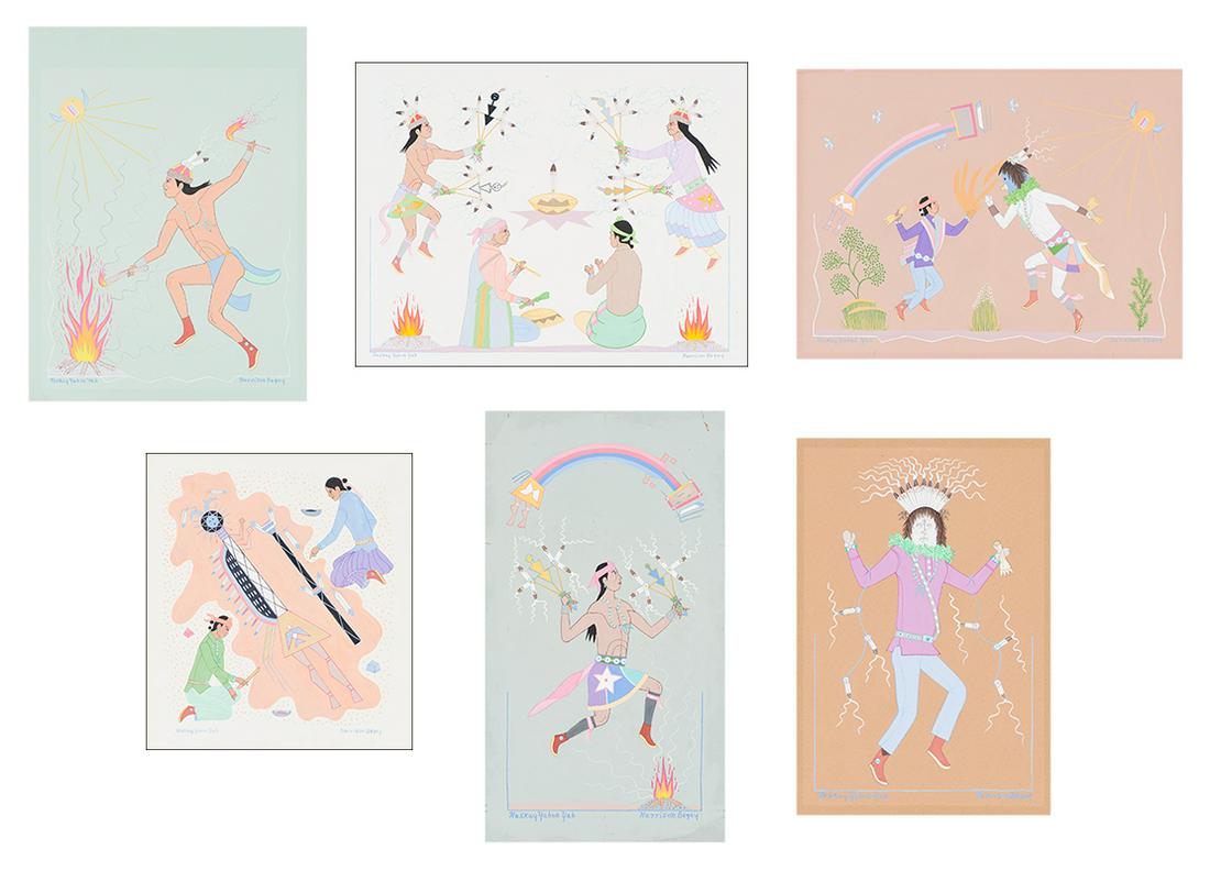 Harrison Begay (6) Works on Illustration Board: Harrison Begay (Native American, 1917-2012) (6) Works on Illustration Board Gouache on illustration board 17.75 x 13.5 (in) Signed Harison Begay, lower right of each work; Signed Haskay Yahne Yah, low