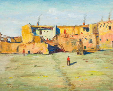 E.A. Burbank Hopi Indian Village: E.A. Burbank (American, 1858-1949) Hopi Indian Village Oil on canvas 8 x 10 (in) 13.375 x 15.375 x 2 (in) framed Signed E.A. Burbank, verso Titled, verso.