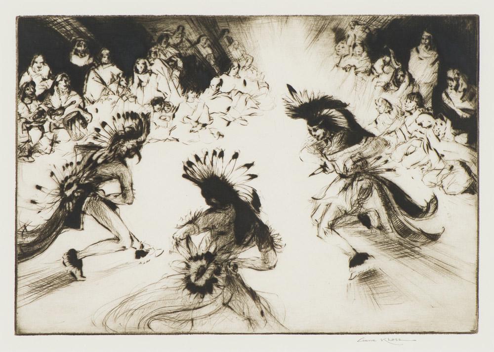 Gene Kloss Indian Friendship Dance, 1954: Gene Kloss (American, 1903-1996) Indian Friendship Dance, 1954 Drypoint etching on paper Presentation Proof apart from an ed. of 200 10.875 x 16.75 (in) 16.75 x 20 x 1 (in) framed Signed in pencil Gen