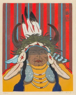 Kevin Red Star Native American Man with Headdress: Kevin Red Star (Native American, b. 1943) Native American Man with Headdress Etching on paper ed. 59 of 60 10.75 x 8.875 (in) 18.5 x 16.5 x 1.25 (in) framed Signed in pencil Kevin Red Star, lower