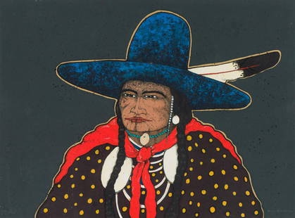 Kevin Red Star Native American Man with Blue Hat: Kevin Red Star (Native American, b. 1943) Native American Man with Blue Hat Serigraph on paper ed. 21 of 60 22.5 x 30.5 (in) 28.25 x 36.25 x 0.75 (in) framed Signed in white pencil Kevin Red Star,