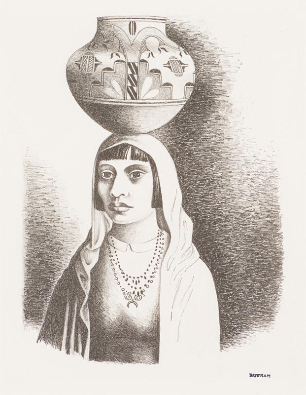 Emil Bisttram Indian Girl, c.1935: Emil Bisttram (American, 1895-1976) Indian Girl, c.1935 Lithograph on paper ed. 64 of 100 23.5 x 18.5 (in) Signed in pen Bisttram, lower right Image size: 16" x 12". ESB-L-43 written in pencil, lower