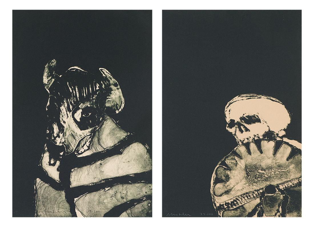 Fritz Scholder (2) Anpao/Buffalo & Anpao/Death: Fritz Scholder (Native American, 1937-2005) (2) Anpao/Buffalo & Anpao/Death (T: 76-658 & 76-660), 1976 Lithographs on buff Arches Cover ed. 79 of 100 22.5 x 15 (in) Signed in pencil Scholder, lower le