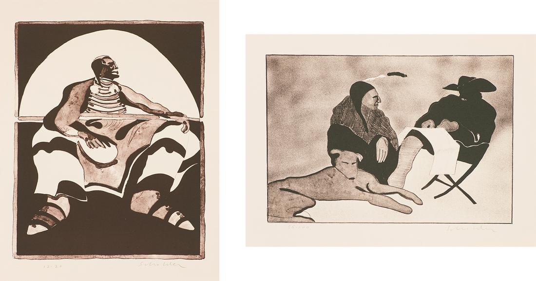 Fritz Scholder (2) Indian in Spotlight & Indian, Dog...: Fritz Scholder (Native American, 1937-2005) (2) Indian in Spotlight (T: 72-207) & Indian, Dog and Friend (T: 73-230), 1972 & 1973 Lithographs on buff Arches Cover ed. 12 of 20 & ed. 55 of 100 22.5 x 1