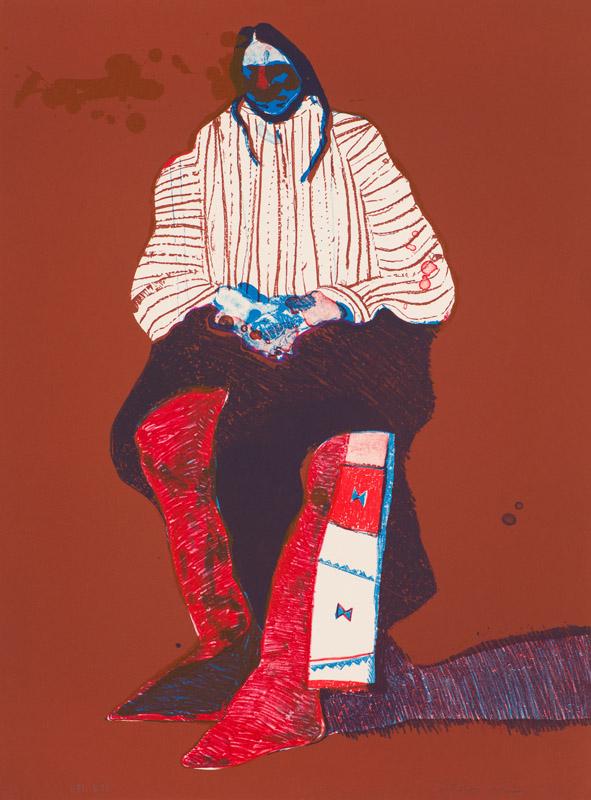 Fritz Scholder Indian with Beaded Sash (T: 75-189): Fritz Scholder (Native American, 1937-2005) Indian with Beaded Sash (T: 75-189), 1975 Lithograph on buff Arches Cover VII of VII apart from an ed. of 70 30 x 22 (in) Signed in pencil Scholder, lower r