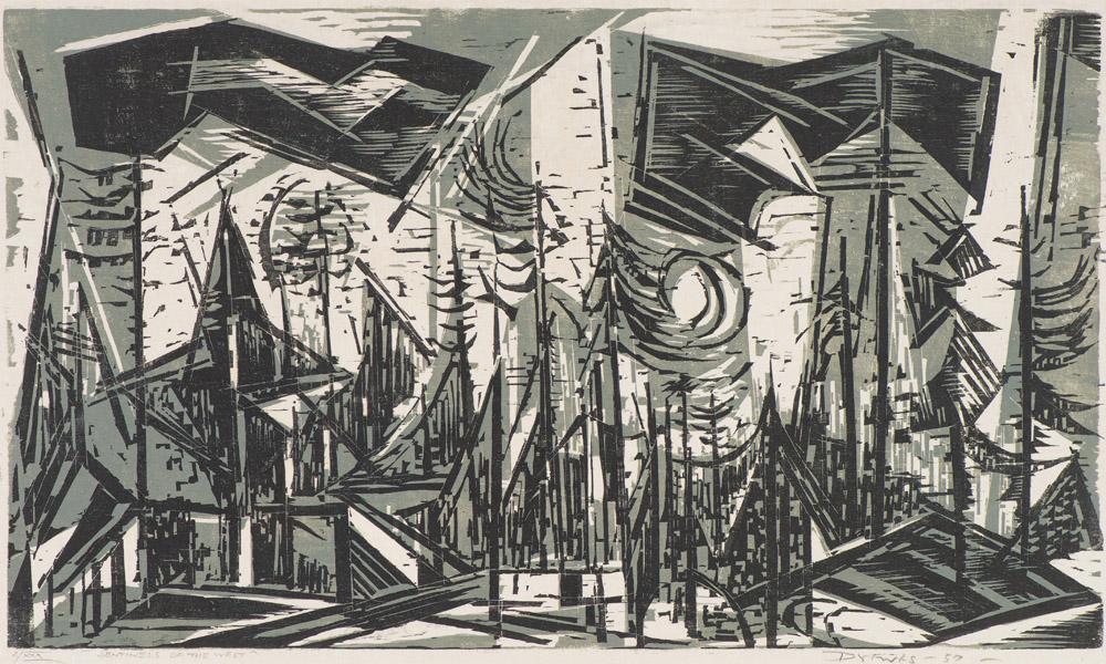 Werner Drewes Sentinels of the West I, 1957: Werner Drewes (American, 1899-1985) Sentinels of the West I, 1957 Woodcut on Japanese paper ed. 2 of 30 18.25 x 30.5 (in) 25.5 x 37.625 x 1.5 (in) framed Signed and dated in pencil Drewes - 57, lower