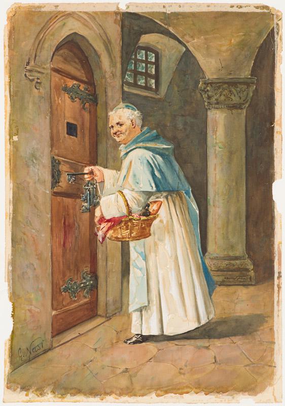 G. Nasi Priest with Basket: G. Nasi (Italian, 19th century) Priest with Basket Watercolor on paper 22.25 x 15.375 (in) Signed G. Nasi, lower left