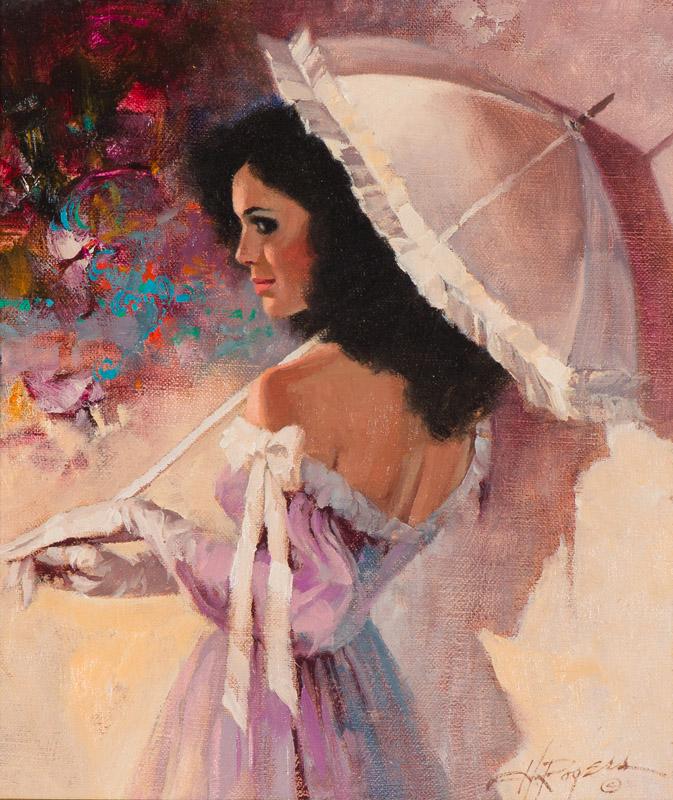 Howard Rogers Study for Satin Parasol: Howard Rogers (American, b. 1932) Study for Satin Parasol Oil on canvas 10 x 9 (in) 17 x 16 x 1.75 (in) framed Signed H. Rogers ©, lower right Titled on artist's tag, verso. The Legacy Gallery tags, 