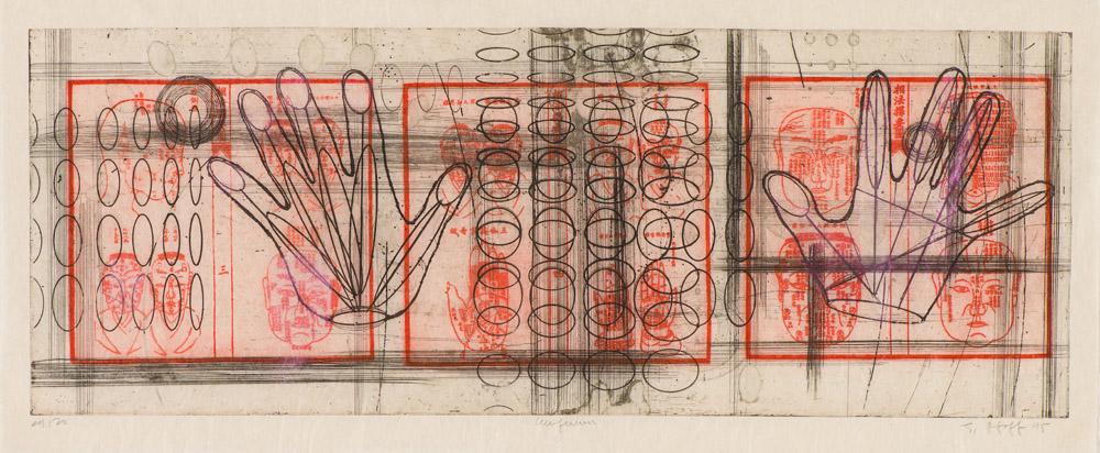 Judy Pfaff Wu Fu Wu, 1995: Judy Pfaff (American, b. 1946) Wu Fu Wu, 1995 Etching with hand-coloring on Crown Kozo paper ed. of 120 12.125 x 29 (in) 18.125 x 34.875 x 0.75 (in) framed Signed and dated in pencil J. Pfaff 95, lowe