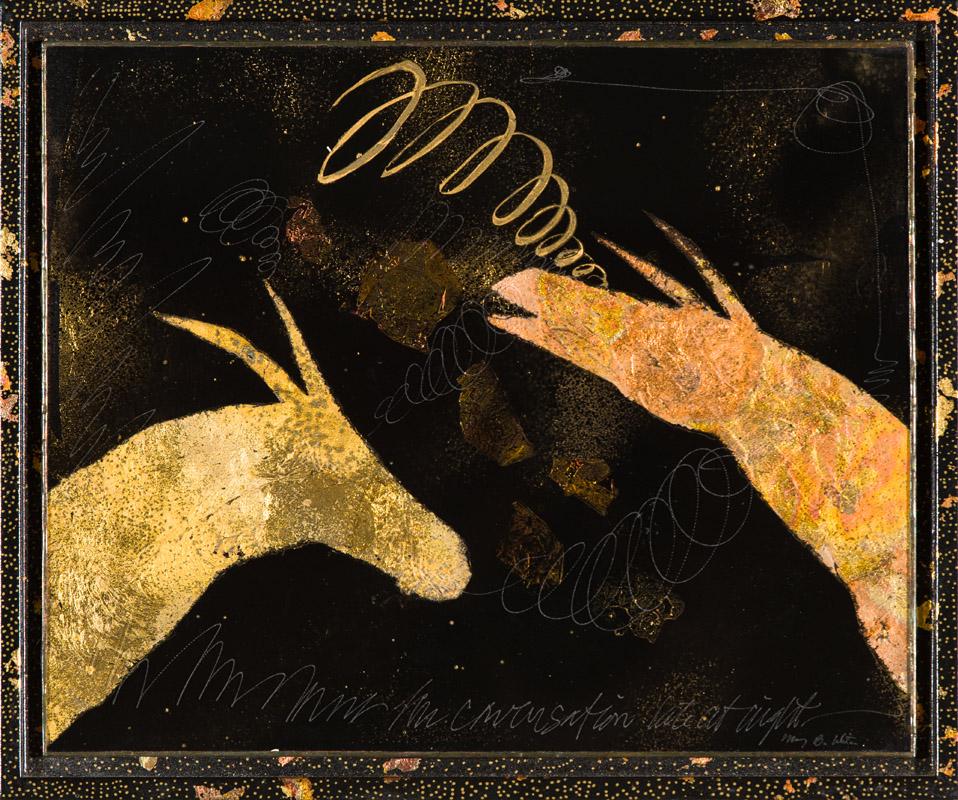 Mary Bayard White The Conversation Late at Night, 1992: Mary Bayard White (American, b. 1947) The Conversation Late at Night, 1992 Reverse painting with gold leaf on glass 9 x 11 (in) 10.25 x 12.25 x 1.25 (in) framed Engraved Mary B. White, lower right Rej