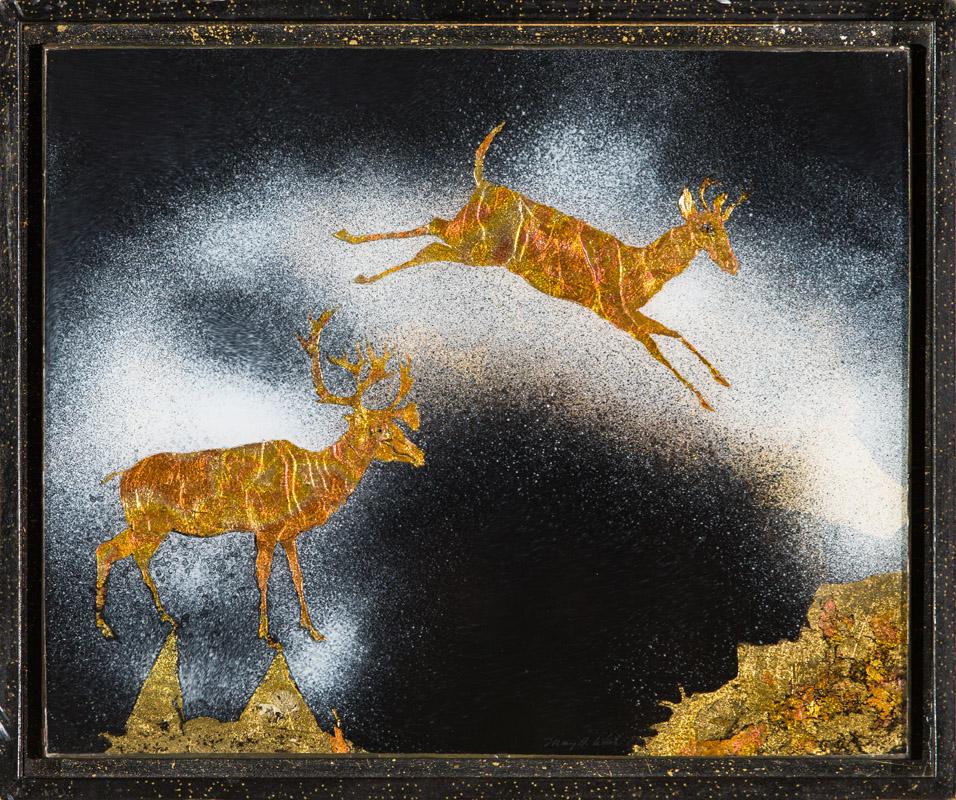 Mary Bayard White Voyages #7, 1992: Mary Bayard White (American, b. 1947) Voyages #7, 1992 Reverse painting with gold leaf on glass 9 x 11 (in) 10.25 x 12.25 x 1.25 (in) framed Engraved Mary B. White 1992, lower right Numbered #7, verso