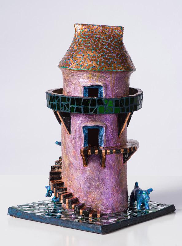Ken Shores Turret Pot with Dogs: Ken Shores (American, 1928-2014) Turret Pot with Dogs Ceramic with metallic paint, copper, and colored glass 19 x 12.25 x 11.75 (in) Unsigned