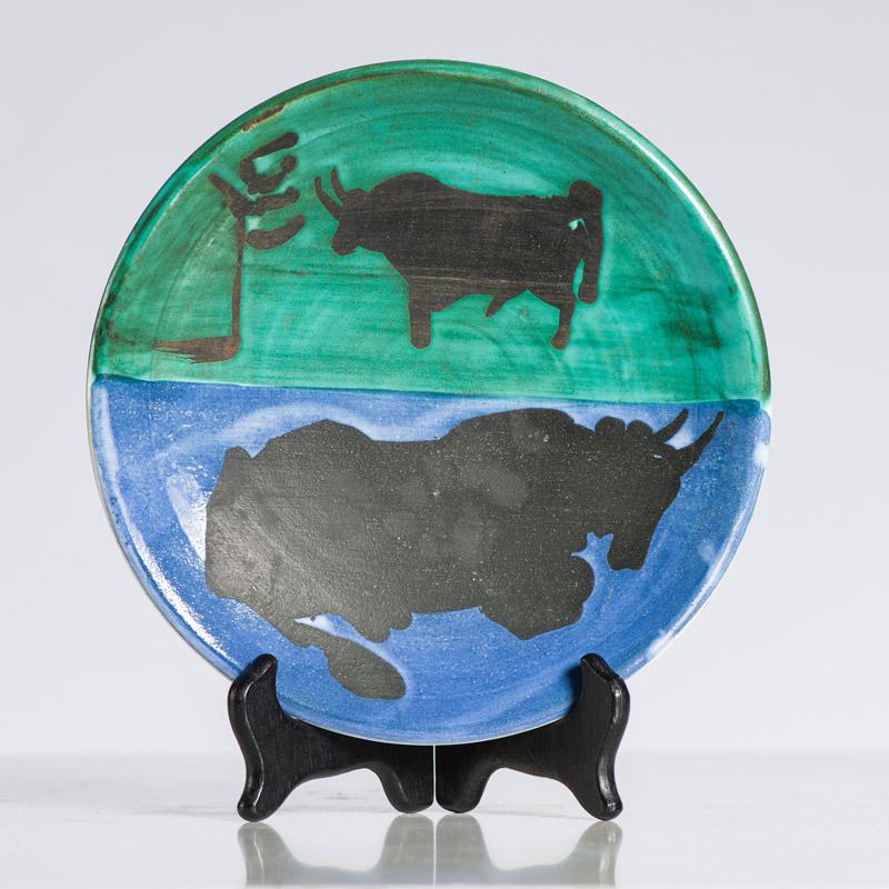 Pablo Picasso Toros (A.R. 161), 1952: Pablo Picasso (Spanish, 1881-1973) Toros (A.R. 161), 1952 Painted white earthenware plate with partial glaze ed. of 500 1.25 x 8.125 x 8.125 (in) Stamped Edition Picasso and Madoura Plein Feu, back