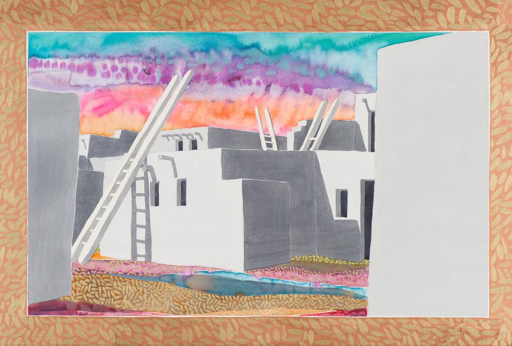 Fran Larsen Shadows and the Glowing Sky: Fran Larsen (American, b. 1937) Shadows and the Glowing Sky Watercolor on paper with painted frame 19.5 x 29.5 (in) 27.75 x 37.75 x 2 (in) framed Signed Larsen, lower right Titled in pen, verso.