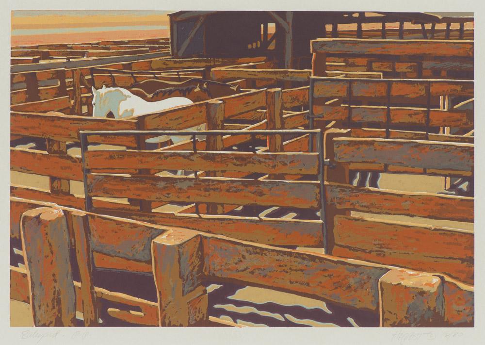 Howard Post Saleyard, 1980: Howard Post (American, b. 1948) Saleyard, 1980 Lithograph on paper Printer's Proof 18.25 x 25.5 (in) 29.25 x 36.625 x 1.125 (in) framed Signed in pencil HE Post ©, lower right Art Concepts tag, verso