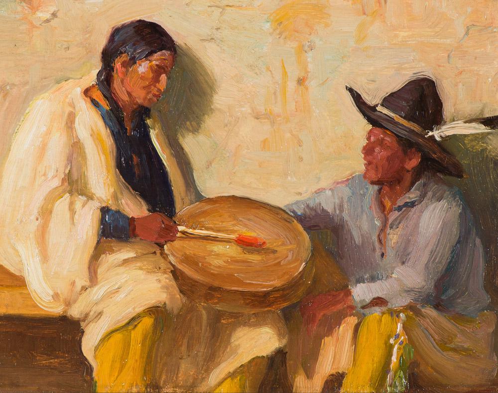 Joseph Henry Sharp Composition Sketch, 1950: Joseph Henry Sharp (American, 1859-1953) Composition Sketch, 1950 Oil on board 7 x 9 (in) 13 x 15 x 1.125 (in) framed Signed in pencil JH Sharp, verso Notations on verso in pencil include Hold for Mrs